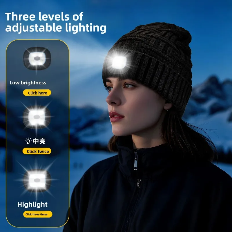 Bluetooth Music LED Beanie Hat 4 Bright Lights Rechargeable USB Lighted Knit Cap Outdoor Running Cycling Winter Warm Washable