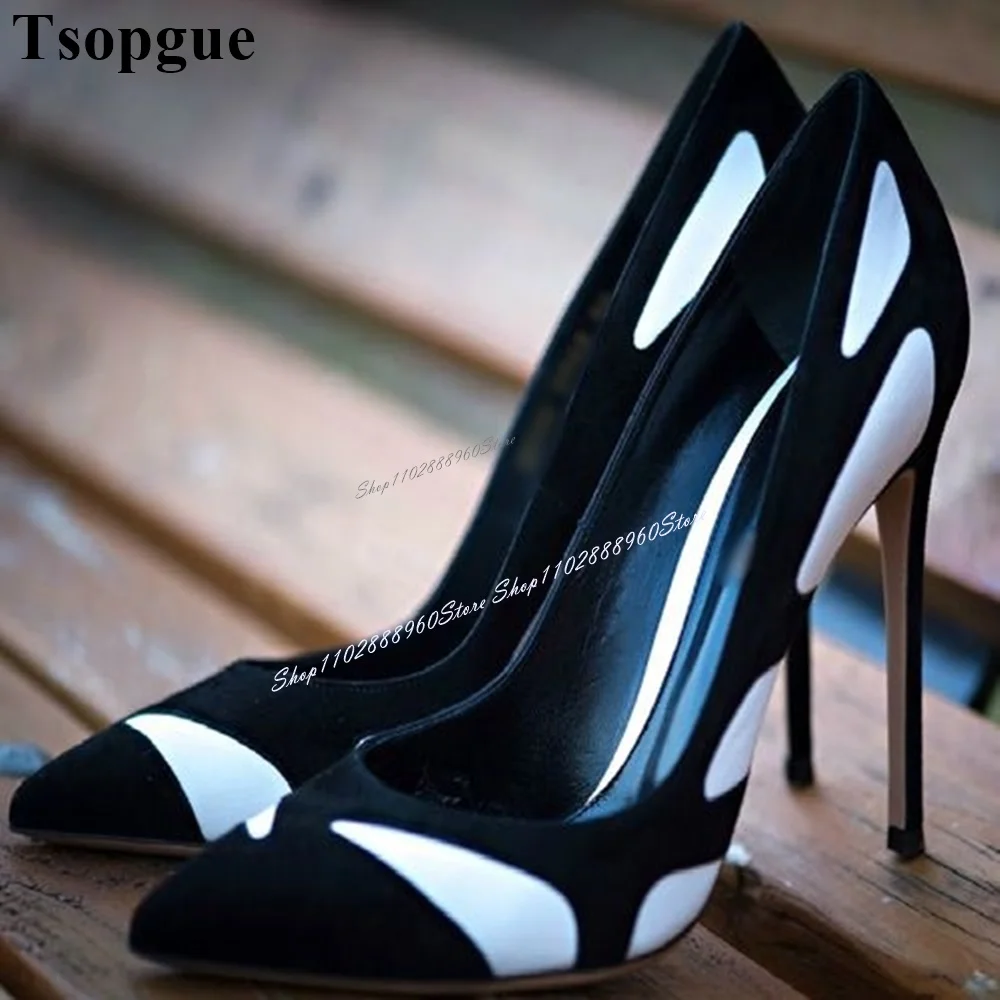 

Black And White Patchwork Casual Shallow Pumps Thin High Heel Women Shoes Slip-On Pointed Toe 2024 Fashion Zapatos Para Mujere