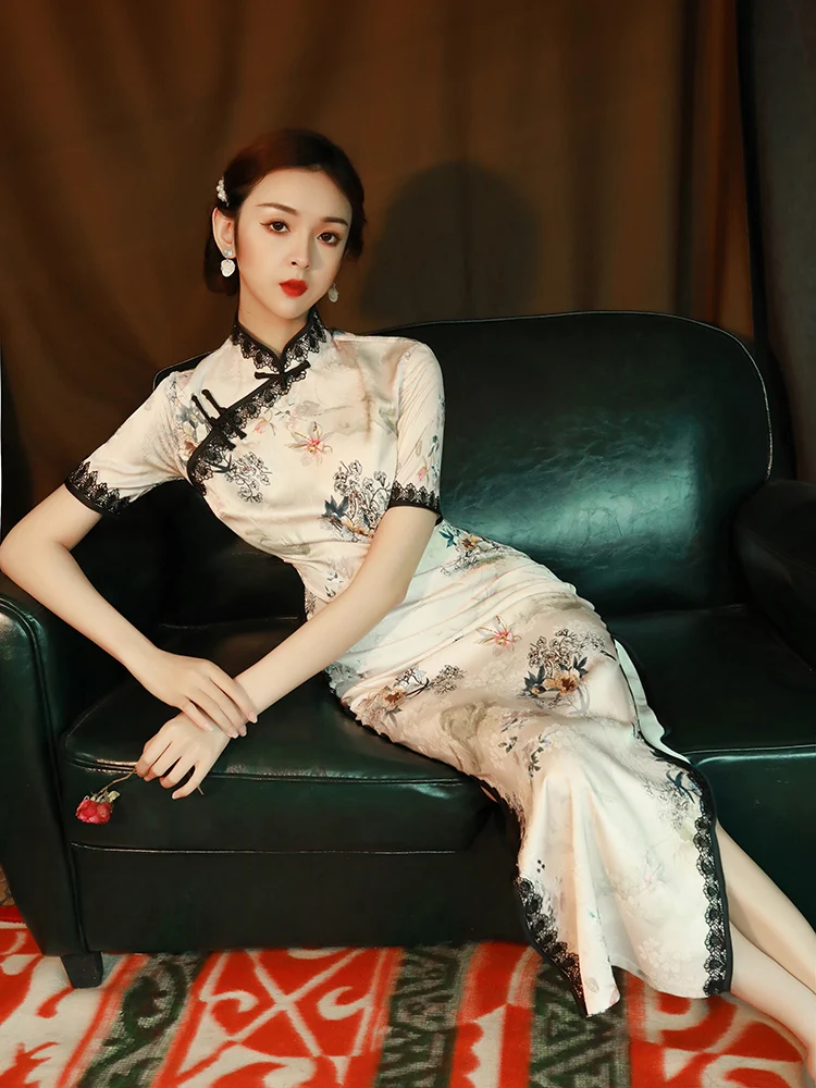 

Young Sle Revamped anghai Qipao Dr Retro Chinese Faion Long Sve High Slit Daily Wear Floral Patterned Maxi Dr