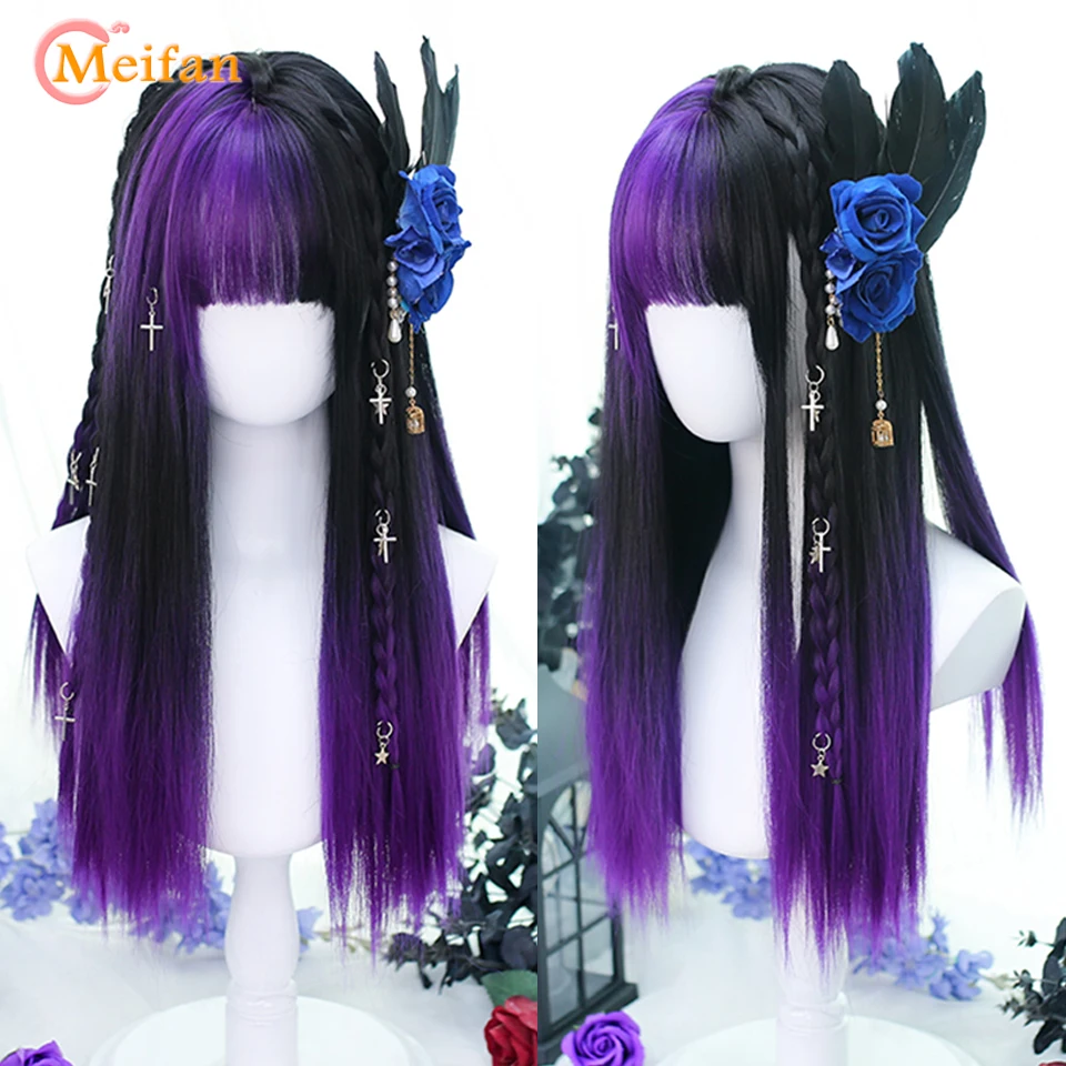 

MEIFAN Synthetic Long Straight Lolita Wig with Black Purple Bangs Wig Cute Blonde Brown Cosplay Party Halloween Harajuku Wig