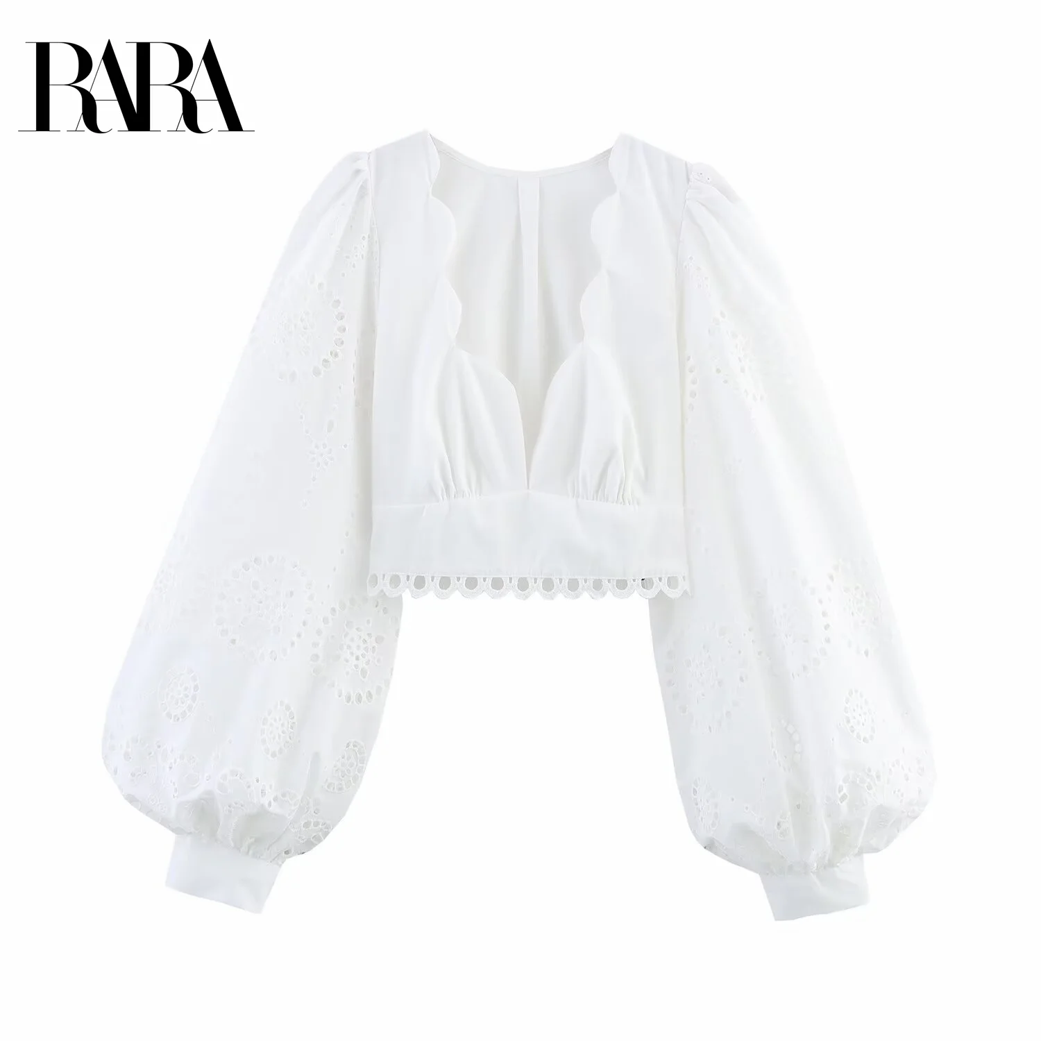 

RARA2025 new summer women's casual fashion simple and comfortable design embroidery lace v-neck lantern sleeve top