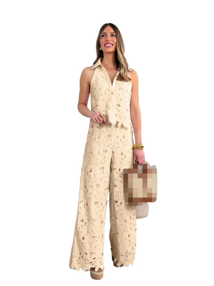 

Elegant Lace Casual Pants Two-piece Set Summer French Embroidery Hollowed Out V-neck Vest Top+wide Leg Straight Leg Pants Set