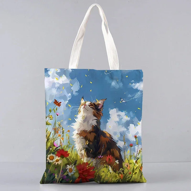 1pc Ölgemälde Stil Anime Katze Schulter Tasche Cartoon Nette Handtasche Große Kapazität Reise Einkaufstaschen Lagerung Tote Tasche geschenk