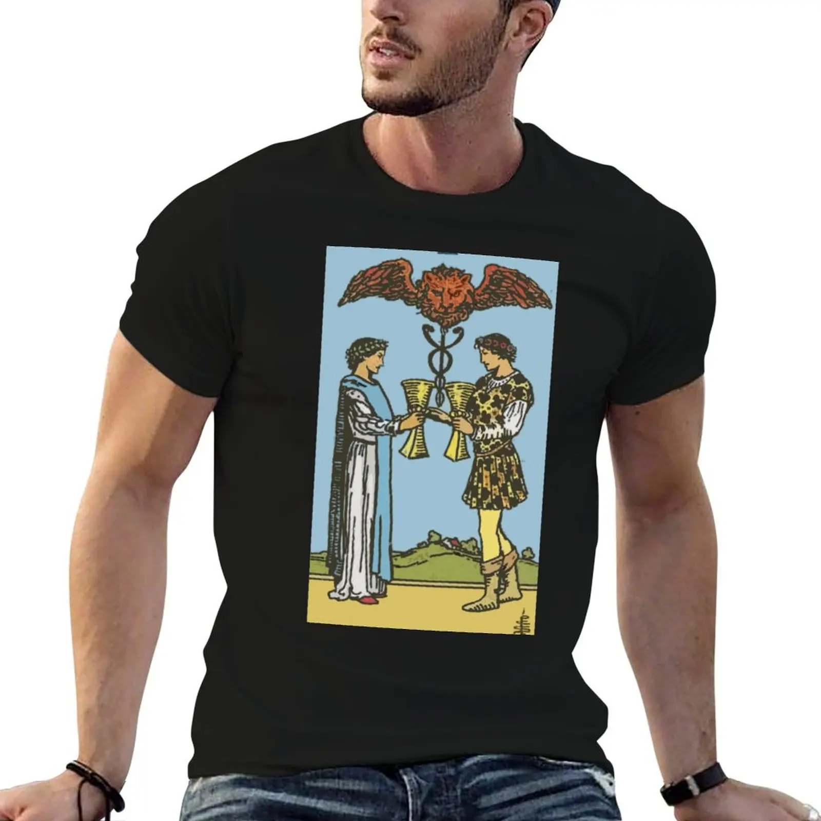 Camiseta clásica Two of Cups Tarot Card Rider Waite, camiseta de algodón, camisetas 100% de anime, camiseta oversize para hombre, camiseta de algodón pesado