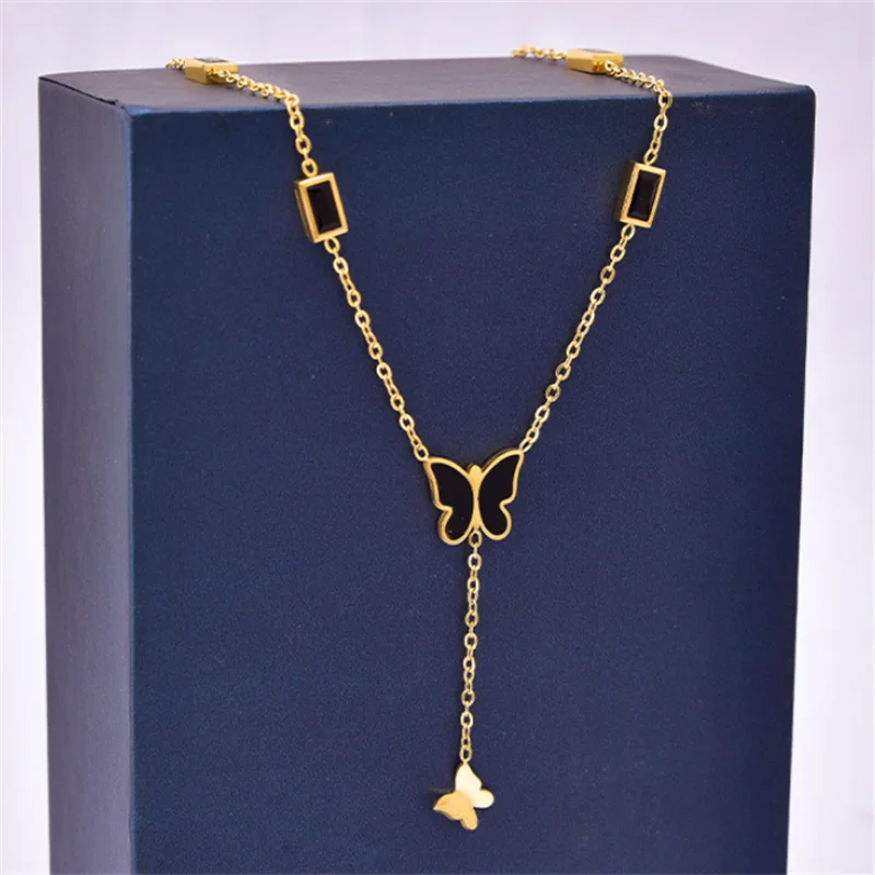 316L Stainless Steel New Fashion Fine Jewelry Embedded Zircon Welded Butterfly Charms Chain Choker Necklaces Pendants For Women