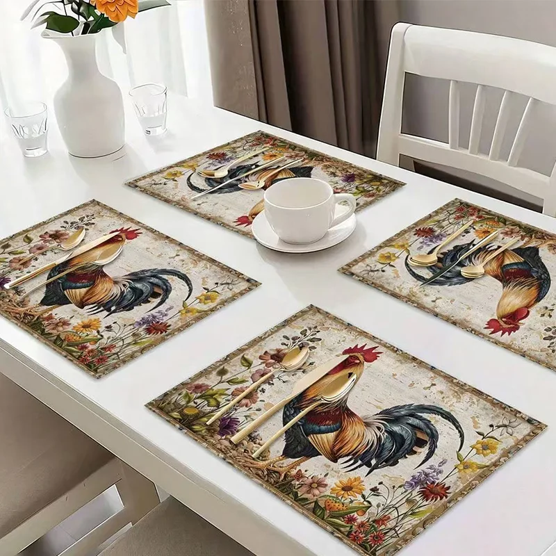 4Pcs, Vintage Rooster Placemats, Washable, Suitable for Holiday Parties, Home Decor, Kitchen Tables, Rectangular Dining Rooms, Birthday Gifts, and Housewarming Party Gifts