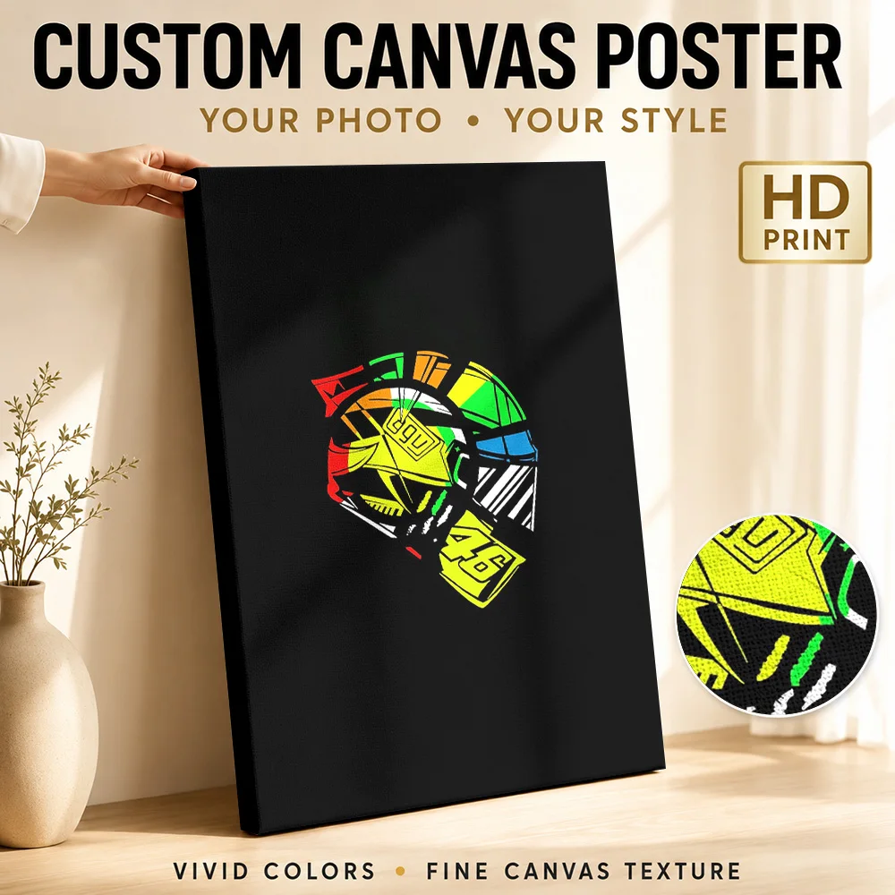 Valentino Rossi Helmet Graphic Framed Canvas Poster Bold Style Wall Art With Personalized Photo For Garage Ideal Collector Gift