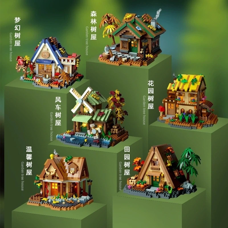 Micro Building Block Foresta Treehouse Mulino a vento Cabina Modello Kit Assemblaggio Giocattolo Decorazione da scrivania Regalo per bambini Adolescenti Compleanno Natale