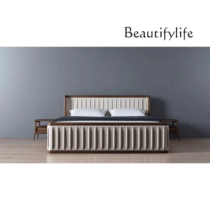 high-end light luxury retro style leather backrest black walnut bedroom 1.8 double bed