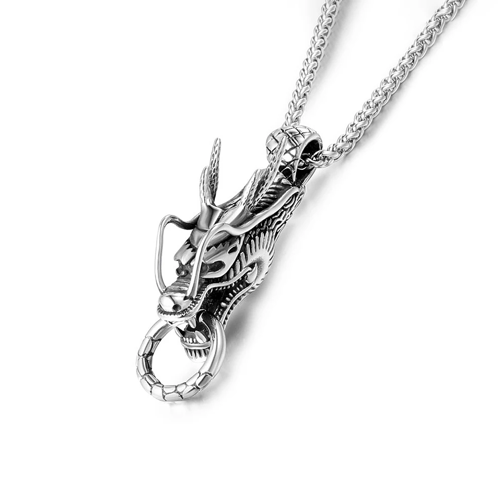 Punk Vintage Silver Color Dragon Head Pendant Necklaces for Man Stainless Steel Fashion Animal Necklace Amulet Jewelry Wholesale