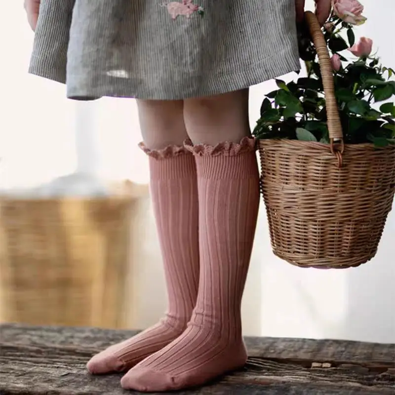 Ruffle Kids Knee High Socks Baby Girls Toddlers Long Soft Cotton Sock Lace Flower Children Princess Uniform Socks For 0-8Years