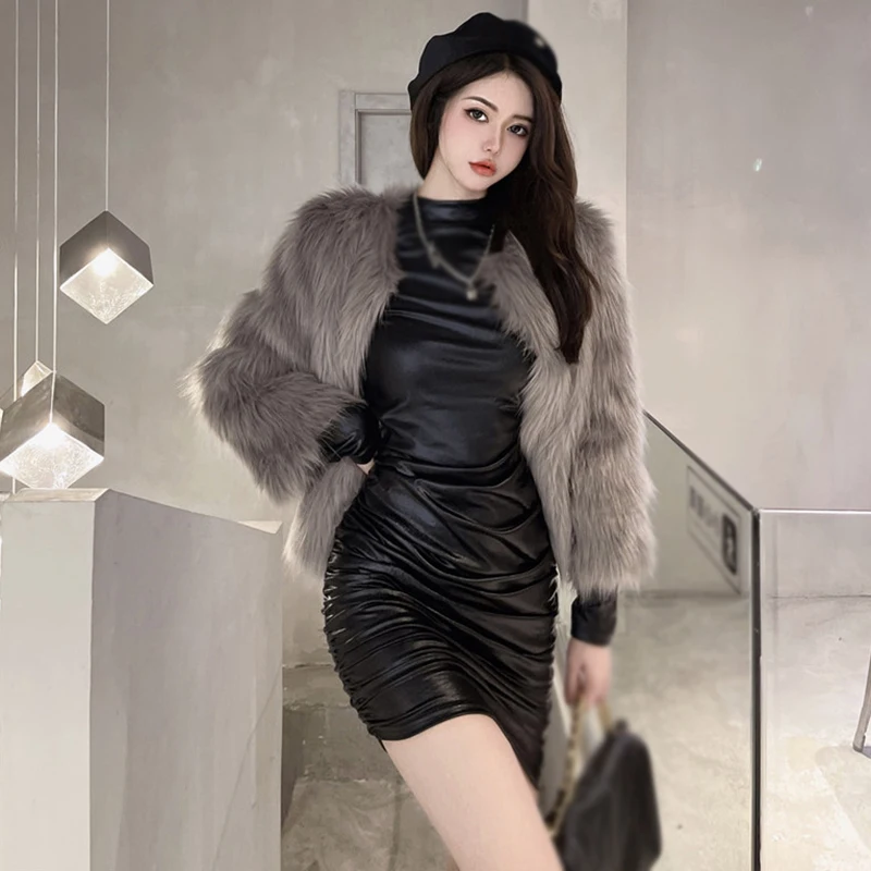 Women's Bodycon Dress O Neck Spring Autumn Slim Sexy Fashion Temperament PU Leather Long Sleeves Versatile Bodycon Dress
