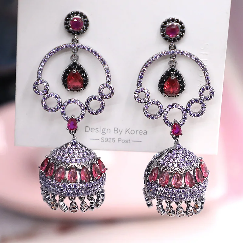 Bilincolor Luxury Vintage Purple and Red Aeolian Bell Tassle Earring for Women Wedding Jewelry