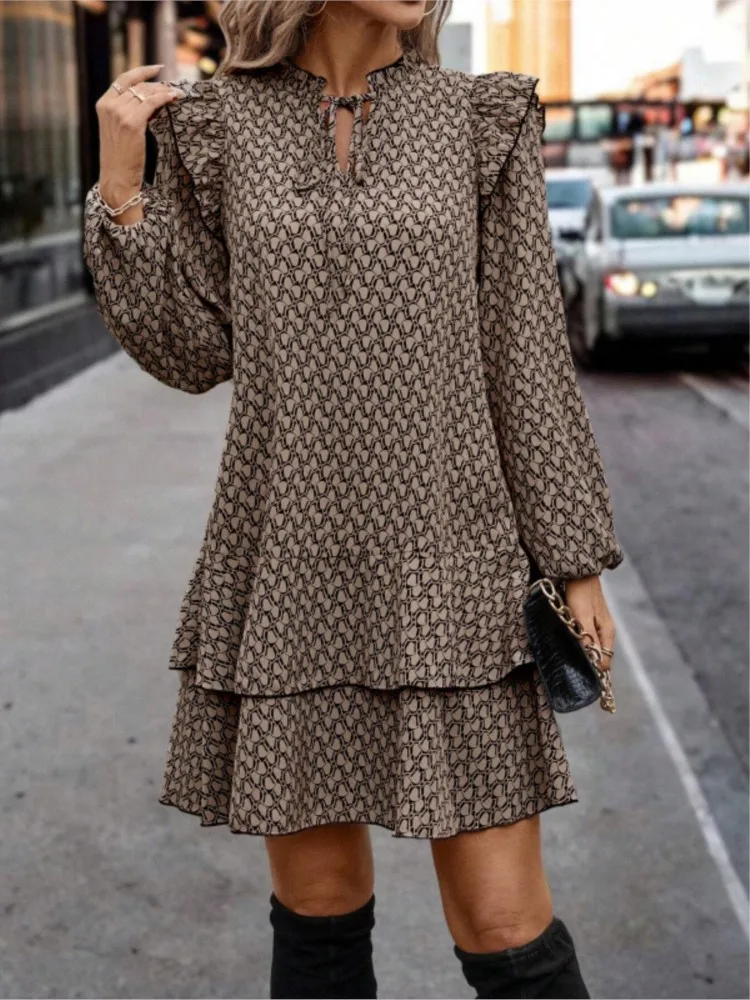 

Women's New Spring Autumn Printed Dresses Fashion Casual Lace-up Long Sleeve Chic Ruffled V-Neck Dress Female Elegant Vestidos