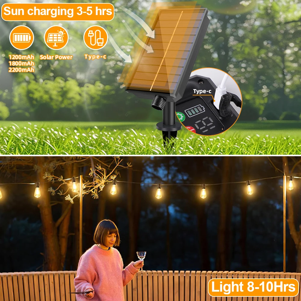 25FT 49FT 65FT LED Solar String Light ST38 Shatterproof Replacement Bulb 32FT Solar Garland For Patio Garden Backyard Decoration