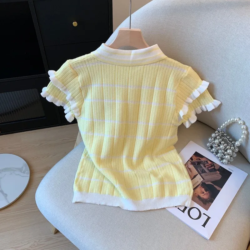 2026 Summer New Women's Fashion Contrast Color Ruffle Stripe Turn Down Collar Short Sleeve Knit Top Casual Polo Shirt