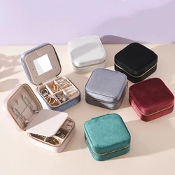 Portable Geometric Square Heart Shaped Jewelry Boxes with Mirror Plush Velvet Zipper Jewelry Storage Case for Travel Gifts Box