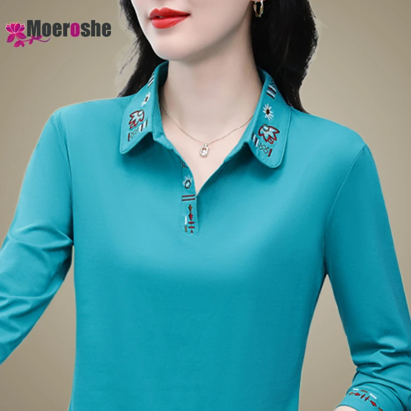 

Moeroshe Long Sleeve Lapel T-shirt Embroidered women clothes Slight Strech t-shirts for women