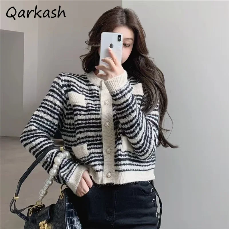 

Кардиган женский, нежный полосатый, с круглым вырезом, универсальные вязаные свитера, осенний OL, темперамент, Ulzzang, эстетический, популярный, модный, на каждый день
