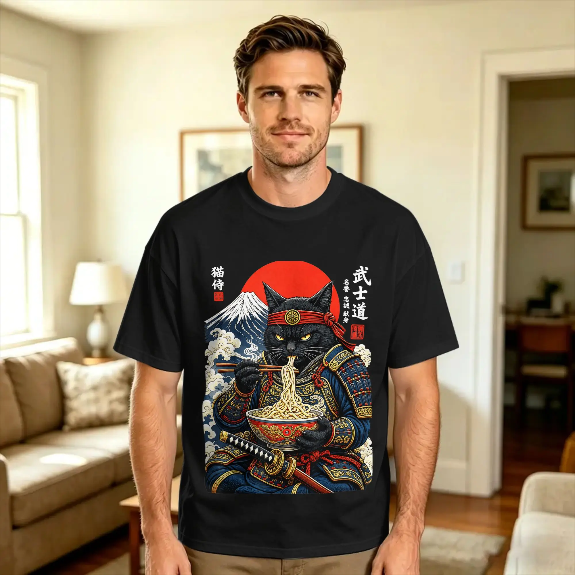 Black Cat Samurai Eats Ramen Funny Japanese Feline Warrior Cotton T Shirt For Man Summer  Y2K Fun T-Shirts Harajuku Tee Shirt
