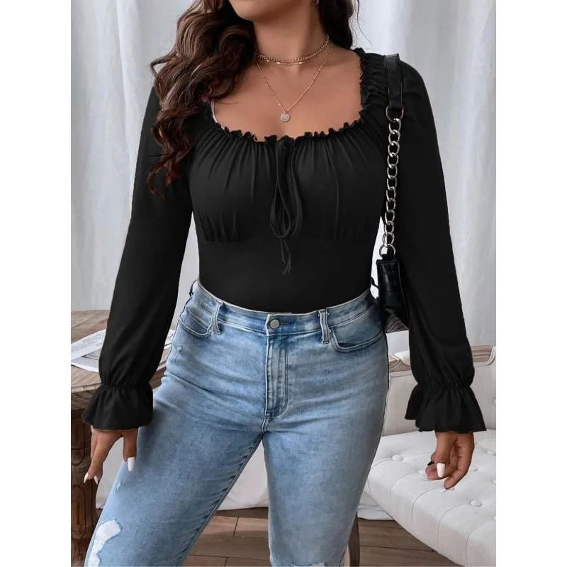 Plus Size Women's Autumn New Casual Long Sleeve Women Solid Color Shirt Tops Slim Female Clothing