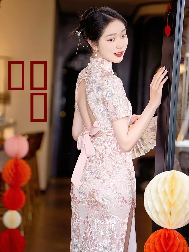 

Изысканное розовое длинное свадебное платье для молодых невест 8-25 лет с цветочным узором и коротким рукавом