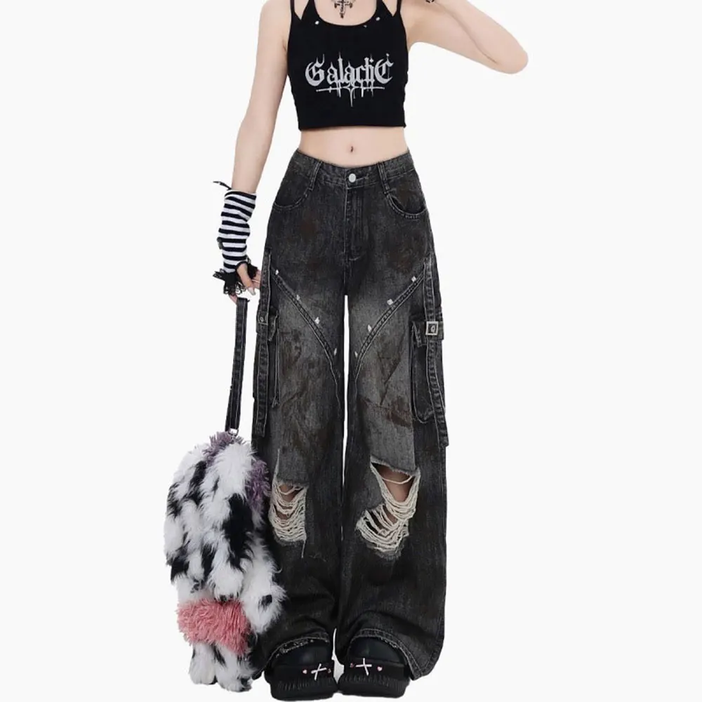 

Mia Muse Select Autumn Jeans 2025 Women's Streetwear Denim Plain Full Length Wide Leg Ripped Natural Waist Fashion Jeans