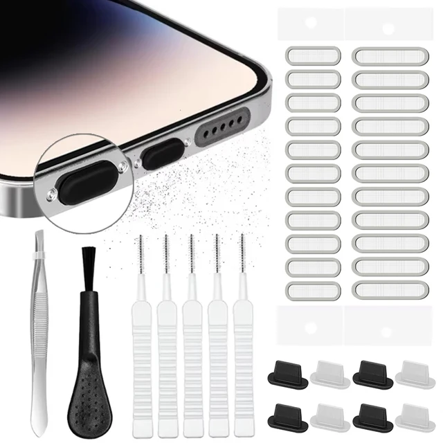 Port ładowania Głośnik telefonu Pyłoszczelna naklejka z siatki do iPhone'a 16 15 14 13 12 Pro Max Plus Samsung Xiaomi IOS Zestaw czyszczący typu C