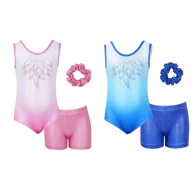 Three-piece Set Girls Sleeveless Gymnastics Leotards with Shorts and Scrunchies Dancewear Gym Training Leotard