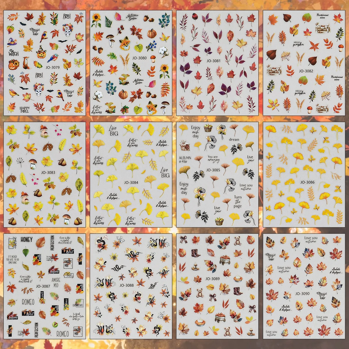3 to 12 Sheets 3D Autumn Fall Maple Leaf Ginkgo Pumpkin Mushroom Halloween Cottagecore Self-Adhesive Thanksgiving Nail Stickers