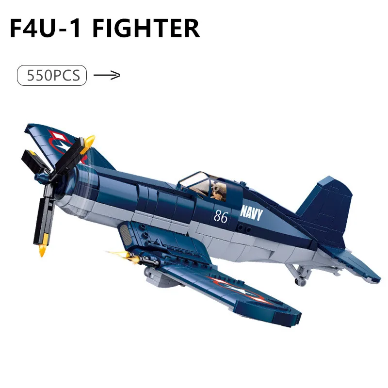 550PCS WW2 Pacific Storm Military Weapon F4U-1 Pirate Fighter Building Blocks Air Force Model Bricks Plane Soldier Toys For Kids