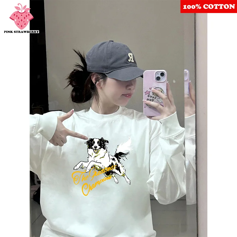 

Cute Border Collie Print T-shirt Women Autumn 2025 New 100% Cotton White Long sleeved Tee Loose Casual Y2k Top Female clothing