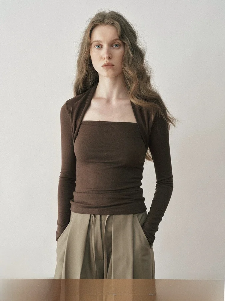Classic Retro Square Collar Long Sleeve T-Shirt Bone out T-Shirt Slim Pure Color Inner Wear Base Shirt Top for Women