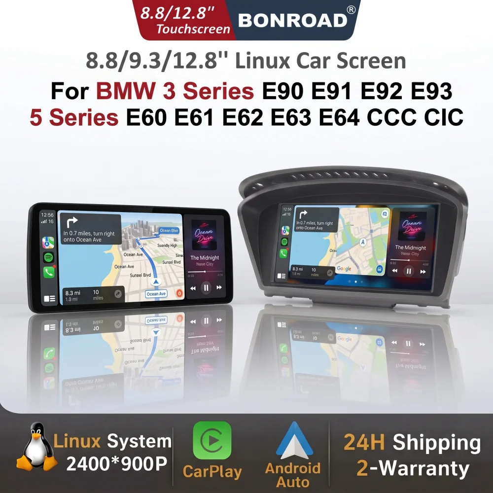 8,8/12,8-calowe bezprzewodowe systemy multimedialne do samochodów z funkcją CarPlay i Android Auto, przeznaczone dla modeli BMW serii 3 i 5 (E60, E61, E63, E64, E90, E91, E92, E93), wyposażone w