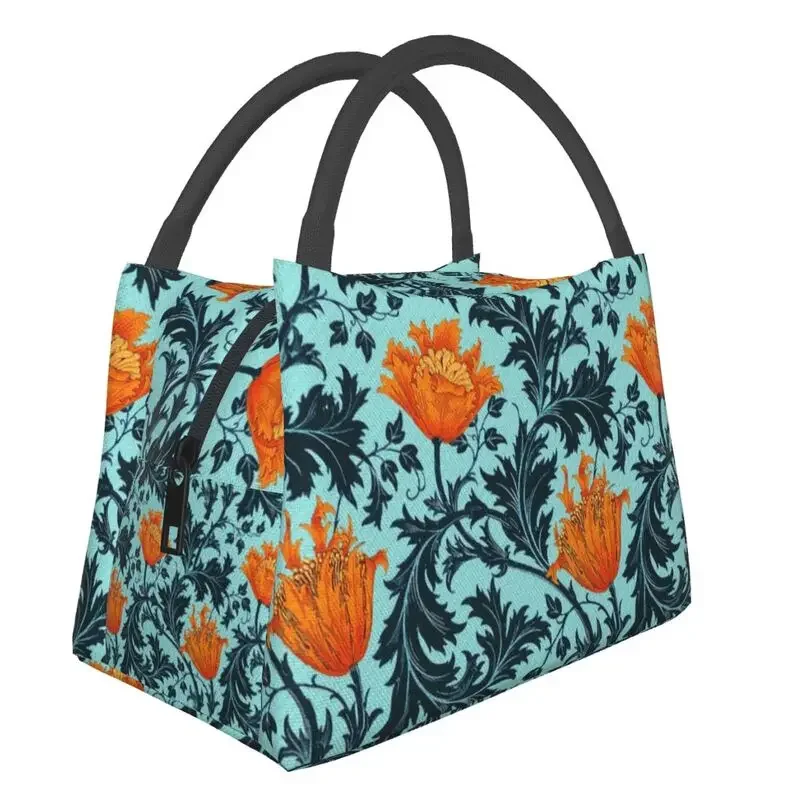 William Morris Anemone Insulated Lunch Bags for Women Resuable Indigo Blue And Coral Thermal Cooler  Box Picnic Travel