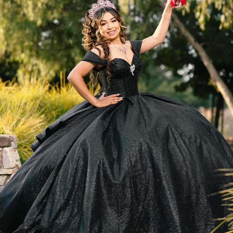 

Black Quinceanera Dress off-shoulder Lace crystal glitter decal Bow Long tail vestidos de 15 Quinceanera ﻿Customize