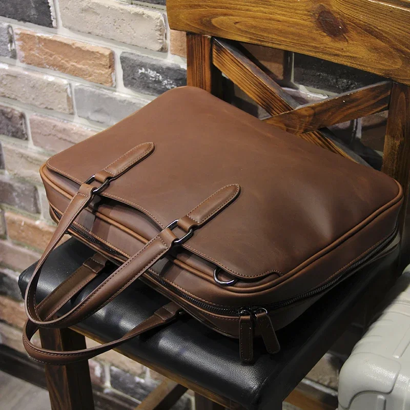 2024 New Men\'s Vintage Briefcase 13-14 in Laptop Bag Business Documents  Shoulder Work Handbag  Messenger Bag