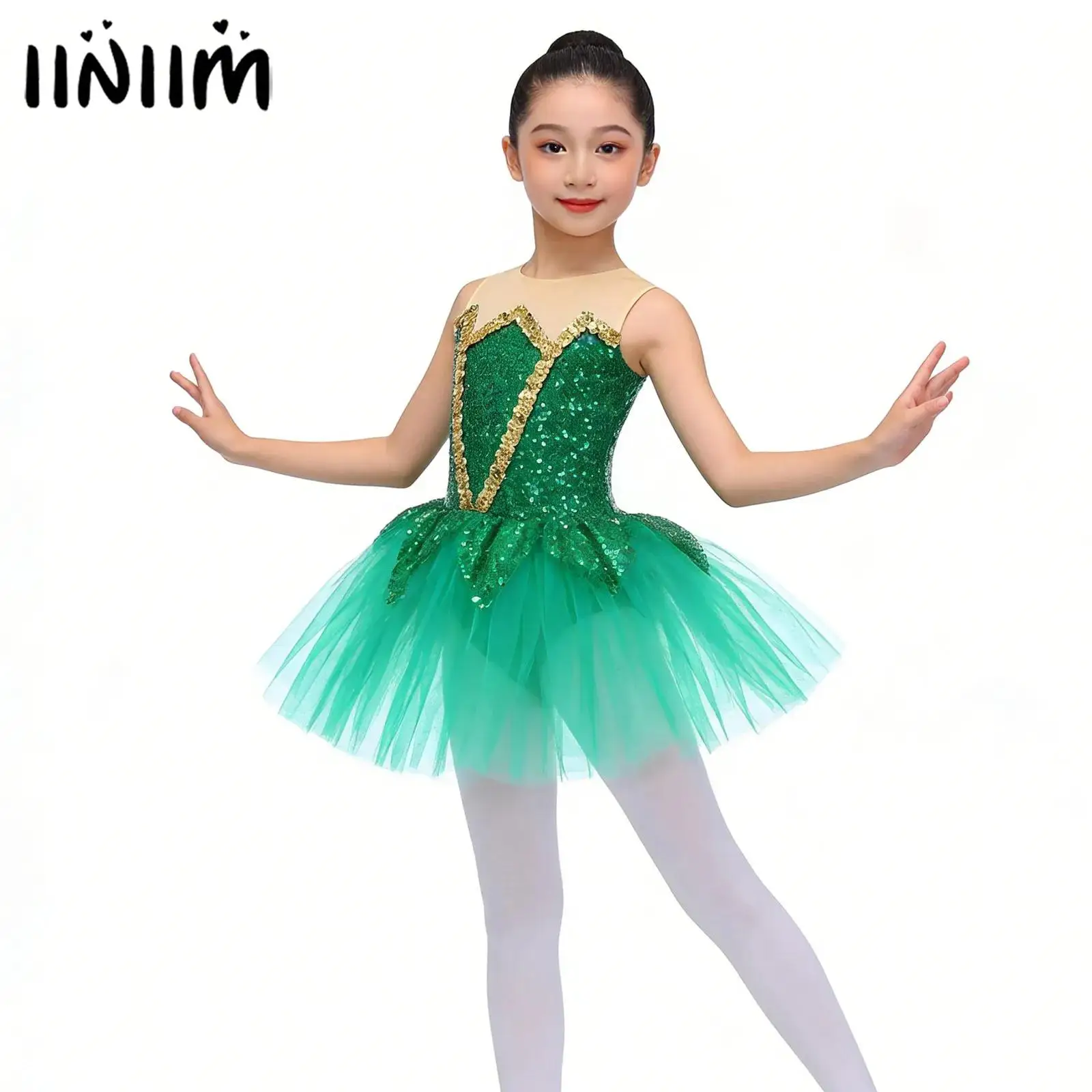 

Kids Girls Ballet Jersey Fairy Tale Tutu Dress Shiny Sequins Gymnastics Leotard Elf Mesh Figure Skating performance Costume