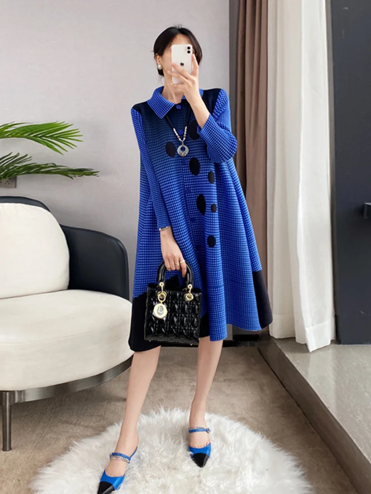 Women Miyake Pleated Dresses Single Breasted Lapel Long Sleeve Color Block Print Lady Loose Luxury Party Clothes 2023 Spring New