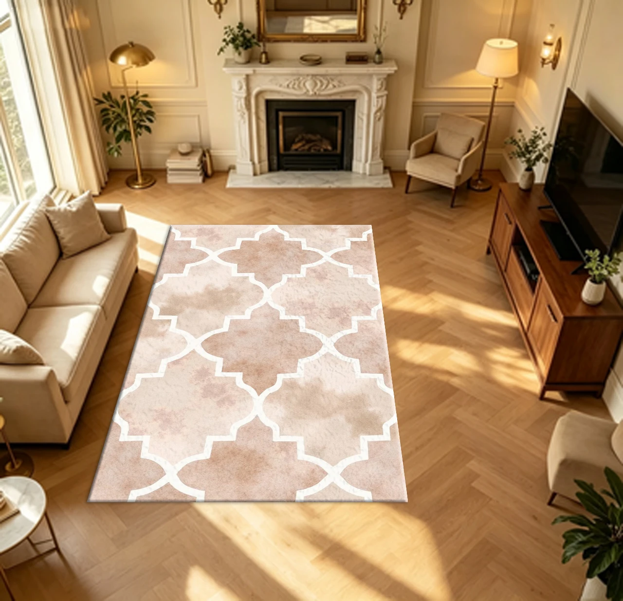Boho Watercolor Moroccan Tile Carpet Flooring Neutral Tone Household Living Room Bedroom Area Rug Indoor Floor Mat