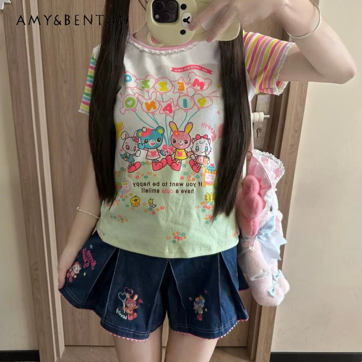 

Original Cute Cartoon Printed Skirt Sets Japanese Sweet Girl Short-sleeved Top Denim Embroidered Pleated Skirt Two-piece Set