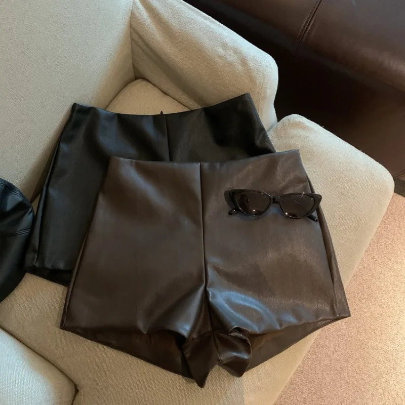 

Hsa 2023 Women Winter Leather Pants Lace Up Pocket Sexy Skinny Shorts Sashes Wide Leg Short Ladies Sexy Leather Shorts Autumn