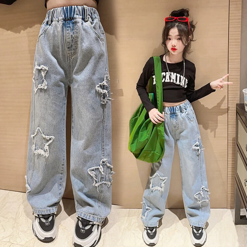 New Fashion Teenager Girls Denim Wide Leg Pants Children Trousers Spring Autumn Star Pattern Girls Jeans 5-14 Years Kids Clothes