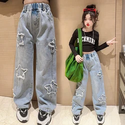 New Fashion Teenager Girls Denim Wide Leg Pants Children Trousers Spring Autumn Star Pattern Girls Jeans 5-14 Years Kids Clothes