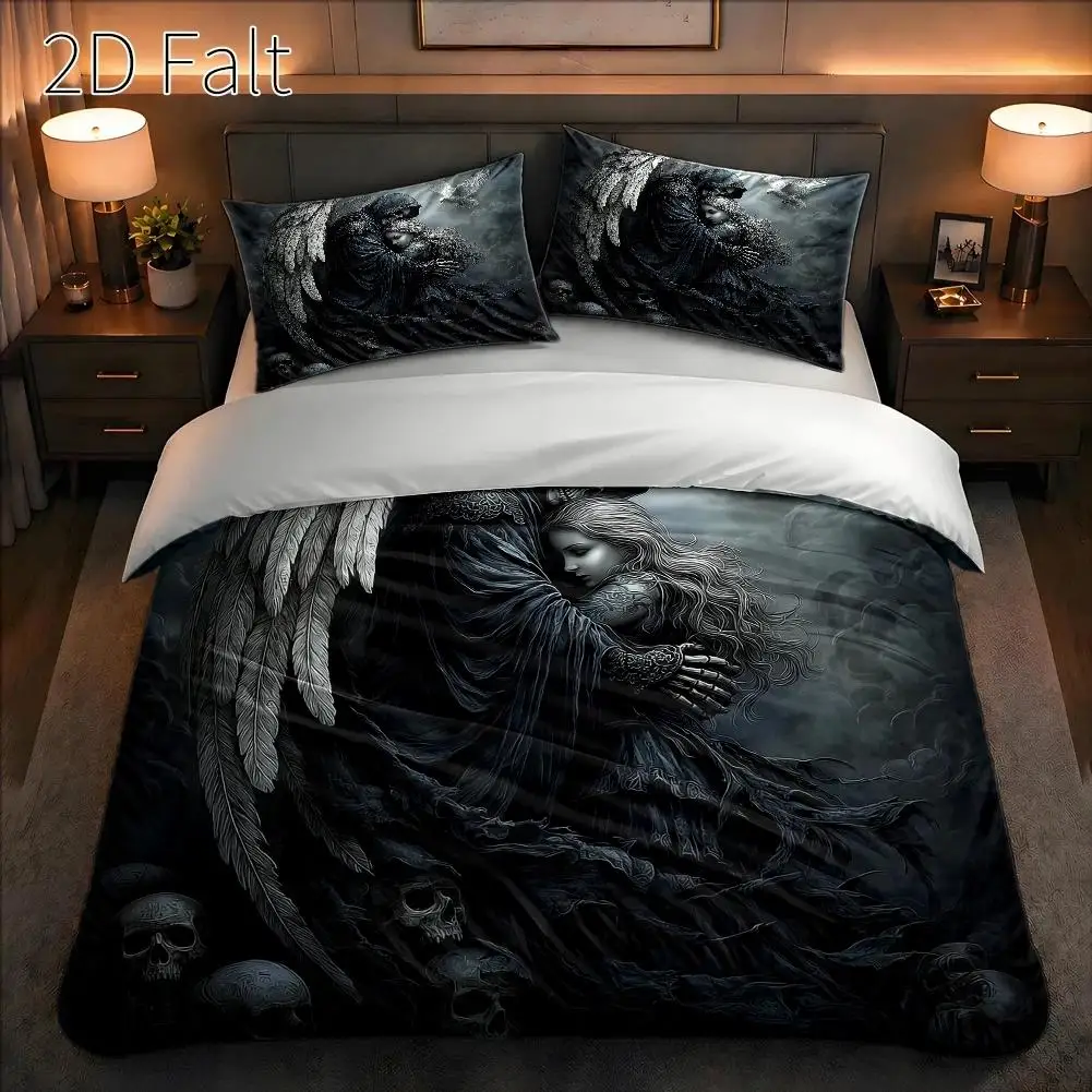 3-Piece Quilt Cover Set, 1 Quilt Cover + 2 Pillowcases (Without Filling), Dark Angel Theme, Dreamy Realistic Style, Halloween, Mysterious, Home Decor, Machine Washable, Suitable for All Seasons, Can Be Used in Home, Dorm, Master Bedroom, Guest Room
