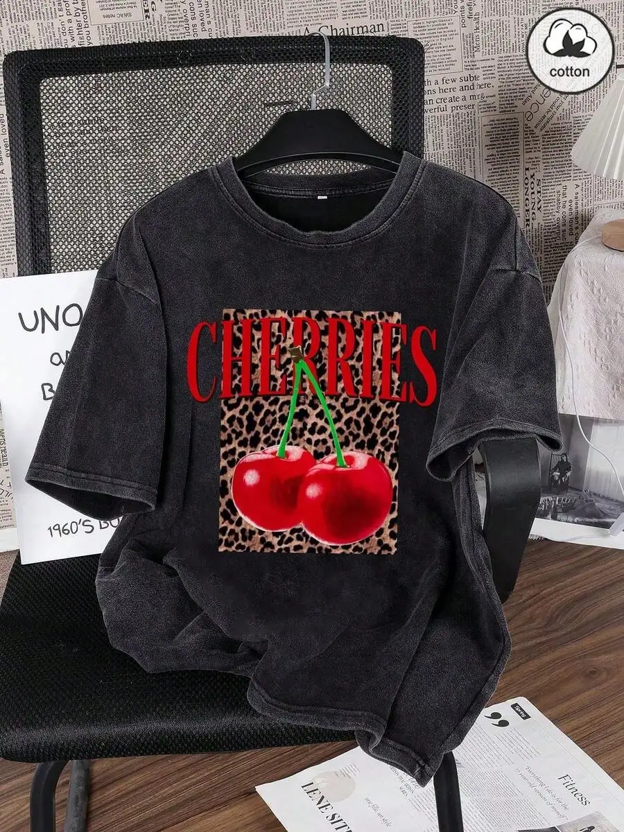 

Футболка из стираного хлопка для женщин, уличный стиль, повседневная, свободного кроя, с коротким рукавом, круглым вырезом, однотонная.