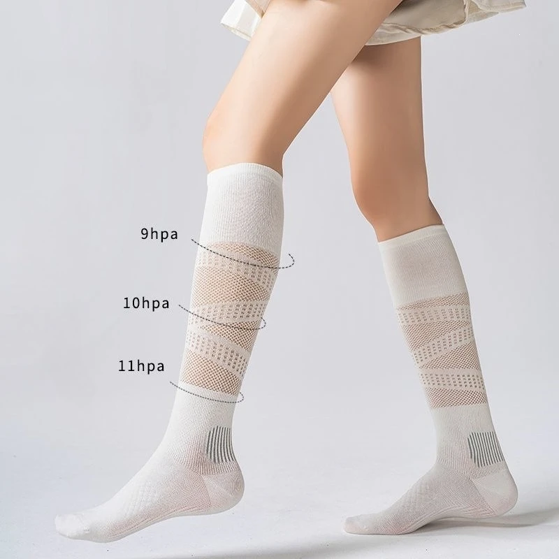 Women Micro Pressure Sports Calf Socks Summer Thin Breathable Hollow Out Mesh Knee High Compression Socks for Running Daily Wear