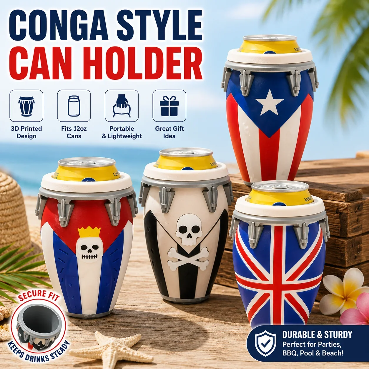 3D Printed Conga Style Can Holder for 12oz Beer&Soda Cans,Portable Beverage Sleeve for Beach,BBQ,Camping,Pool Party&Outdoor