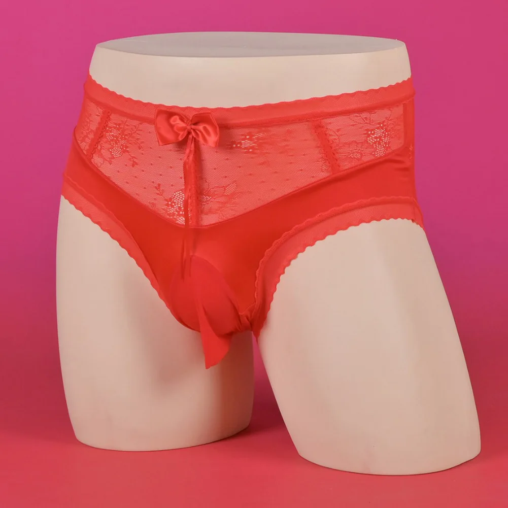 

Mens Sexy Underwear Briefs Glossy Gay Sissy Bulge Pouch Lingerie Breathable Trunks Lace Sheer Thin Underpants Erotic Knickers
