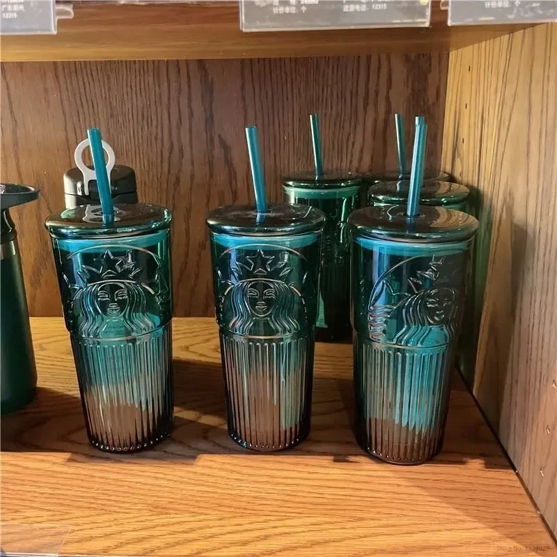 green color Mermaid print straw cup drinkware Large capacity 550ml Lead-free glass cups with lid and straw